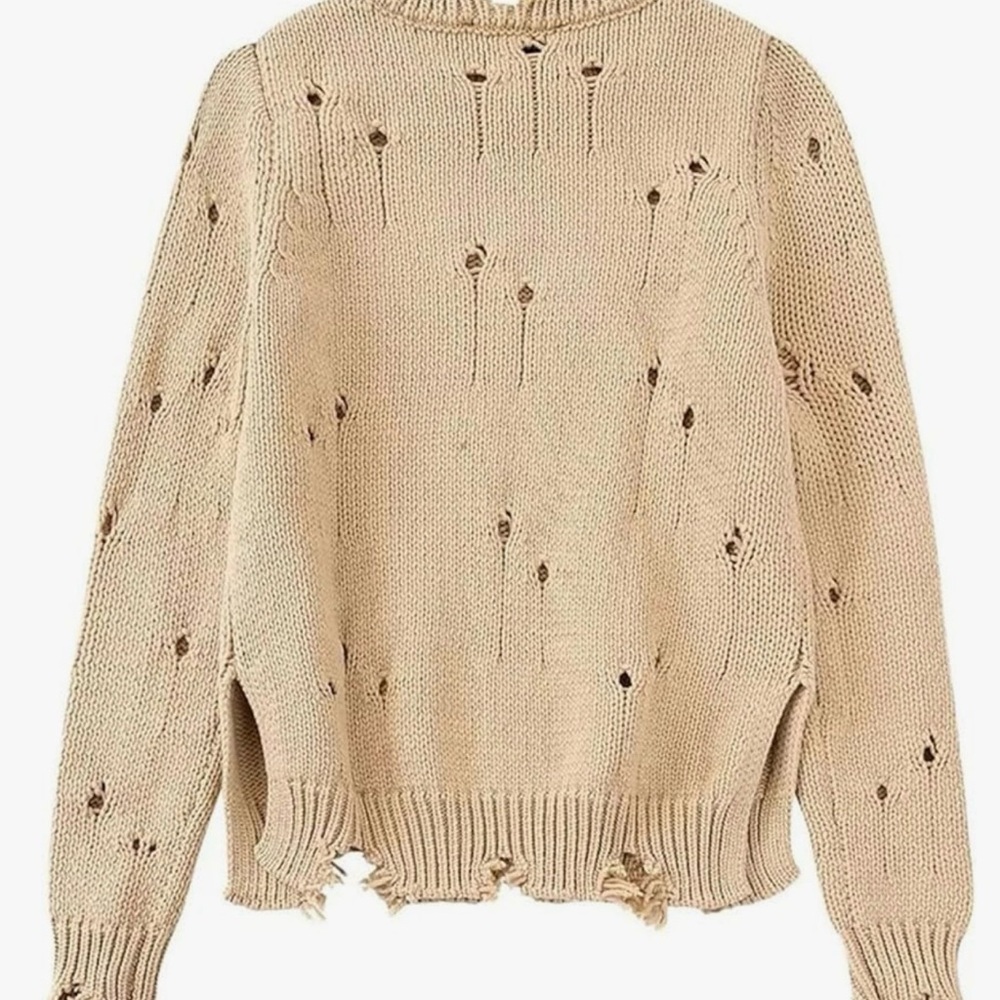 Zara Beige Distressed Turtleneck Sweater
